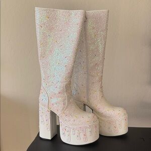 Glitter Platform Knee-High Boots - White DollsKill Cupcake Candy land Ice cream